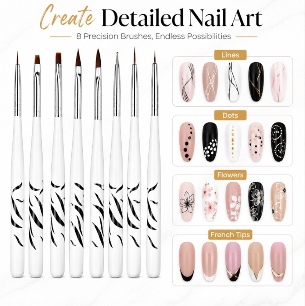 8-Piece Nail Art Design Brushes – Acrylic Gel Polish Painting & Drawing Pen Set