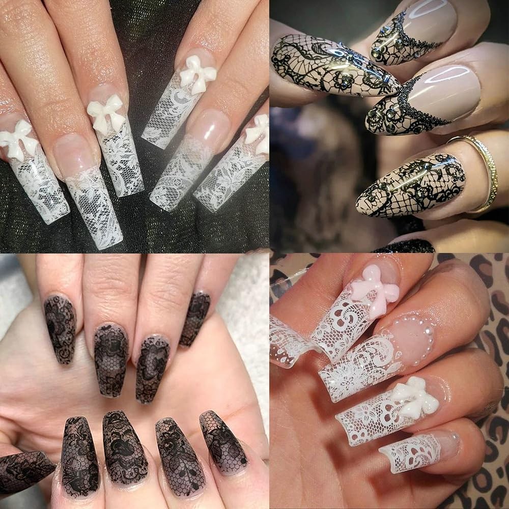Lace Nail Foil Sheets, 10 Rolls Black White 0.8 Inches X 0.3 Inches, 01