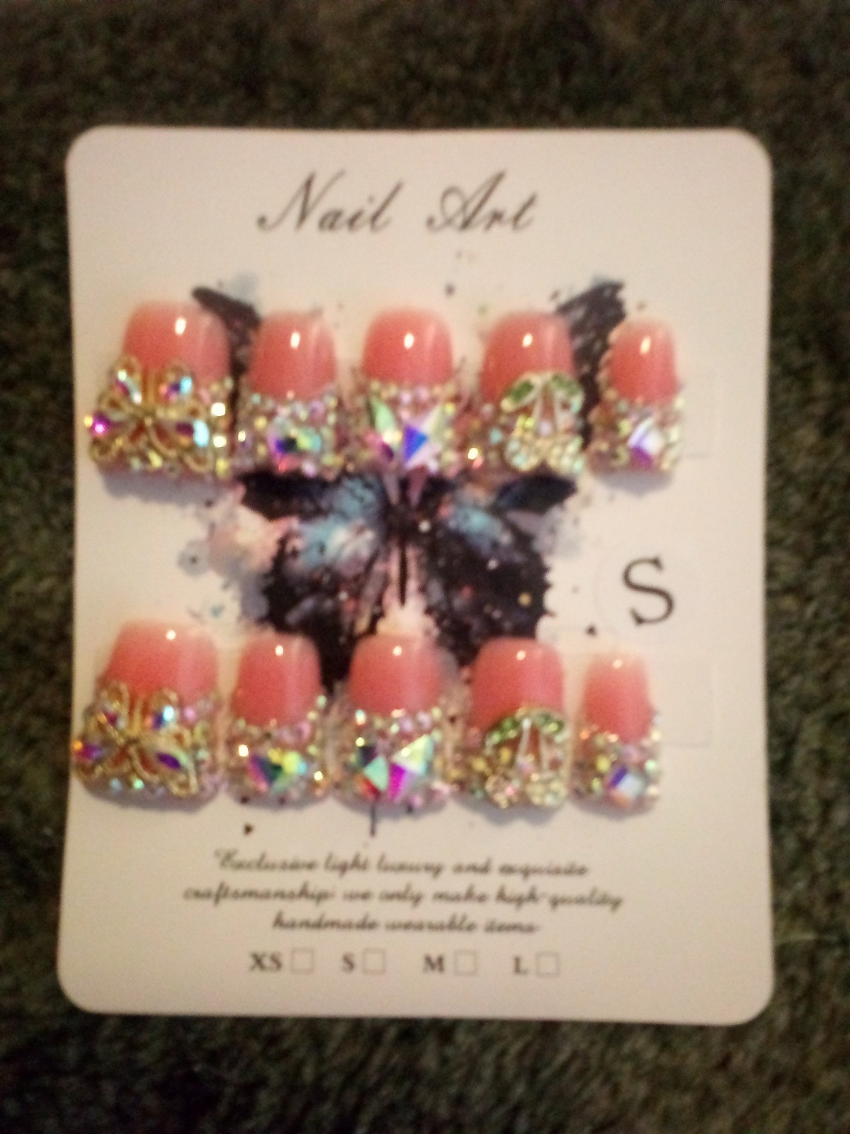 3D Shiny Press-On Nails Pink Gold Multicolor Rhinestones Full Cover Pre-Designed