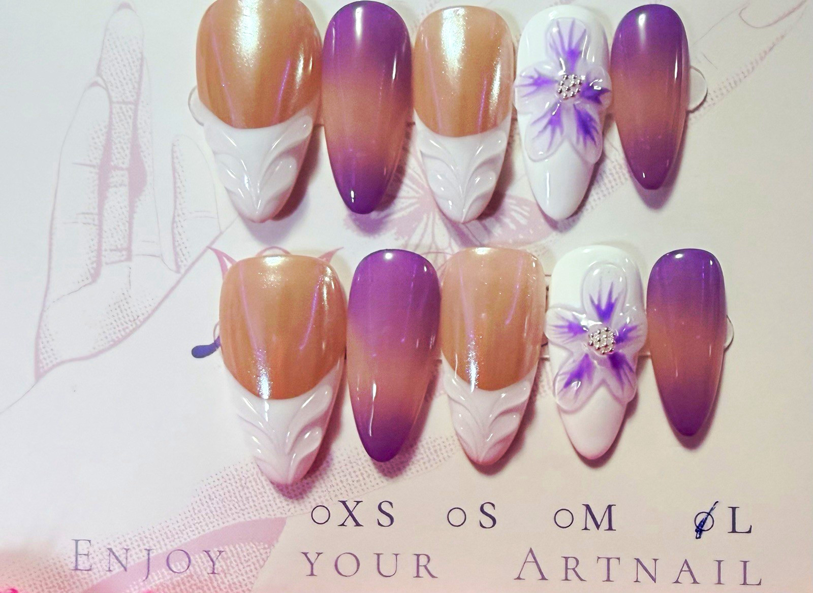 Purple/White/Nude Floral Coffin Press-On Nails, Long, Shiny 3D Full Cover