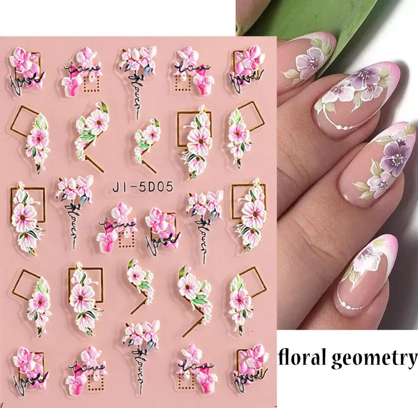 5D Embossed Floral Geometry Flowers Decals Nail Stickers Sliders Manicure J15D05