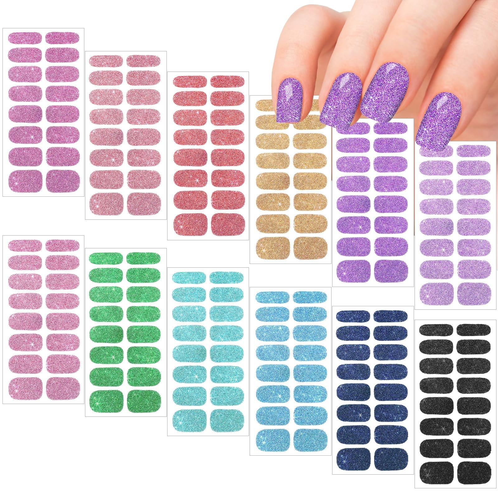 12 Sheets Glitter Nail Wraps, Polish Strips Stickers, Shine Multicolor