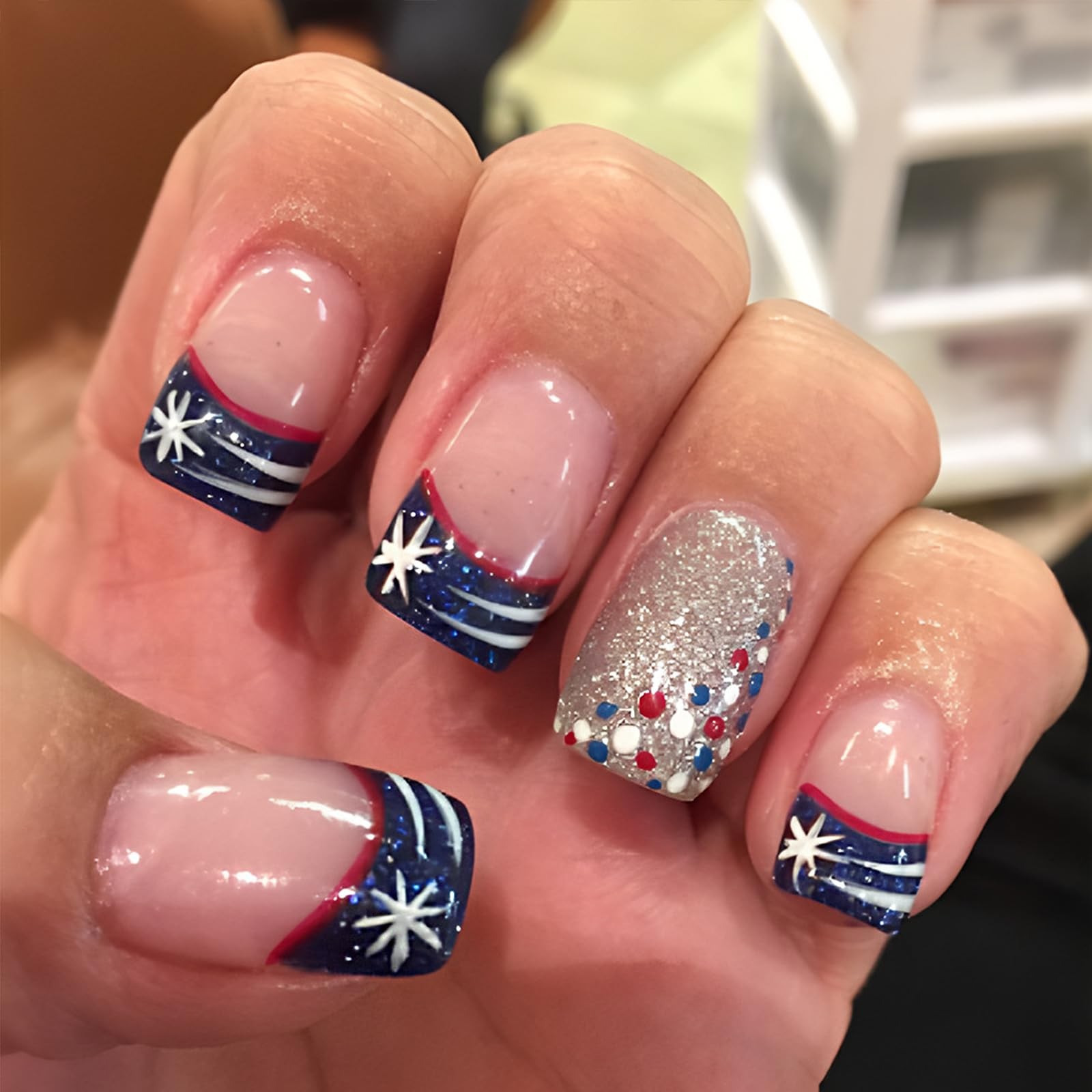 24Pcs 4th of July Press on Nails Short Square Independence Day Fake Nails wit…