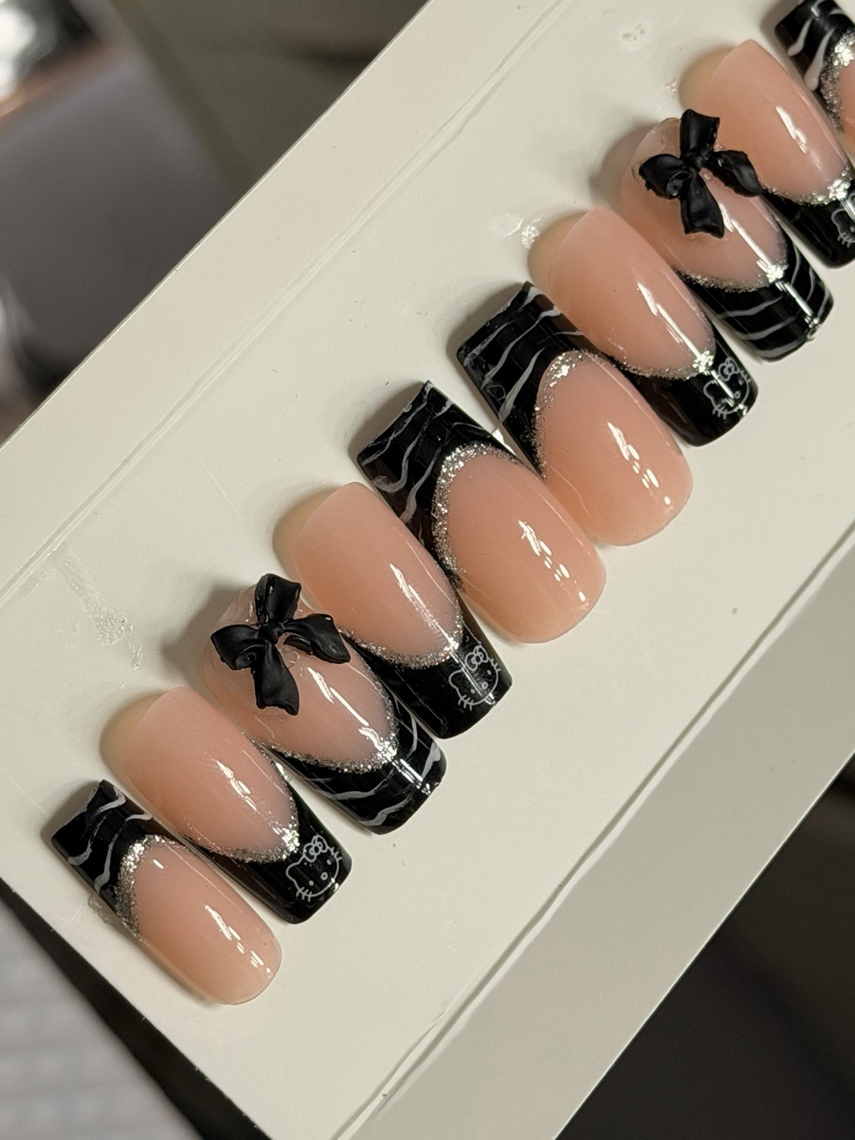 ✨ CUSTOM Press On Nails FRENCH BLACK HELLO KITTY BLING 10p SET W Kit