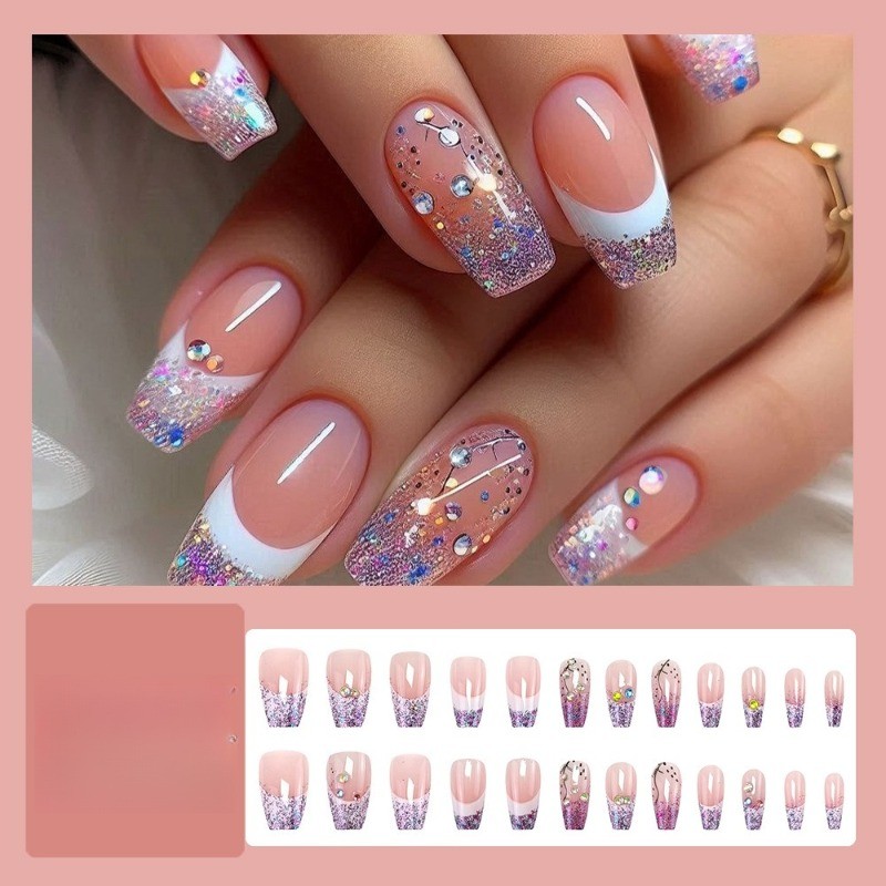 48pcs-Glitter Ombre Press On Nail, Nude Pink French Tip with Sparkle Rhinestones