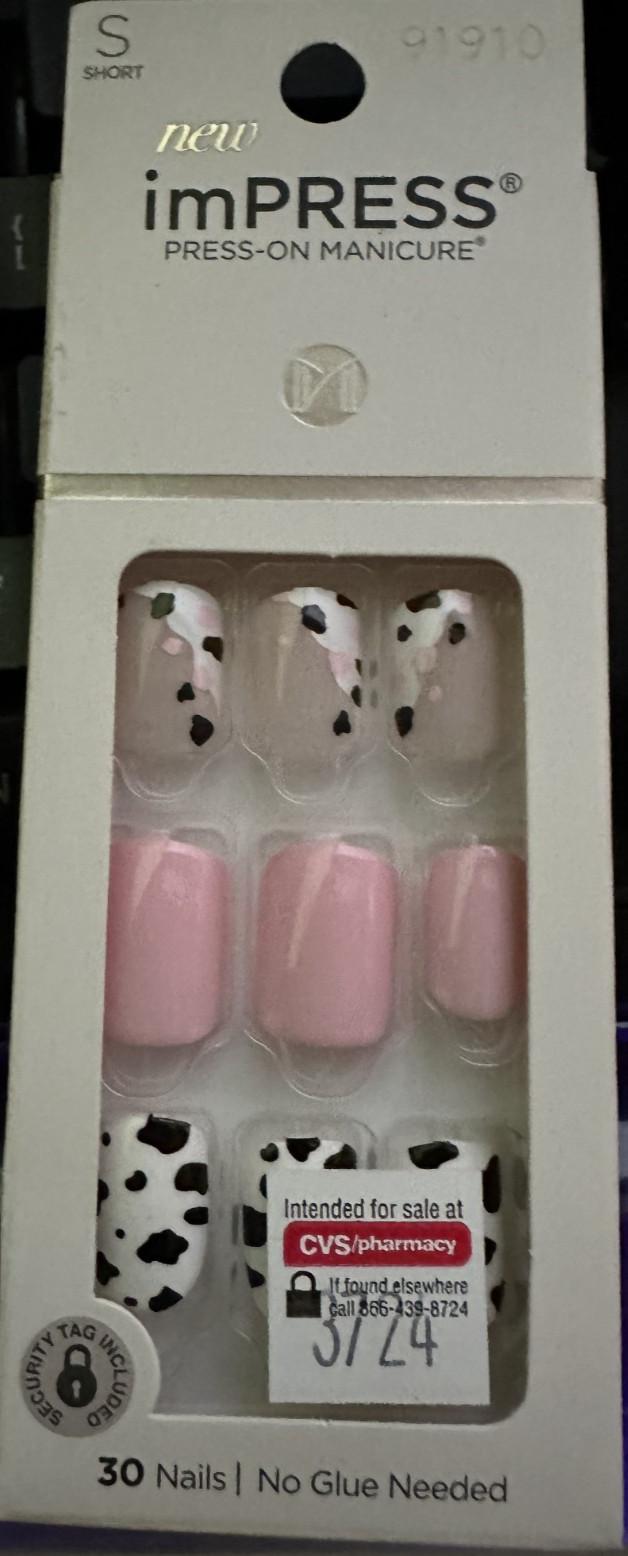 Impress Short Manicure Nails Square Gloss Cow Print Pink white black tip design
