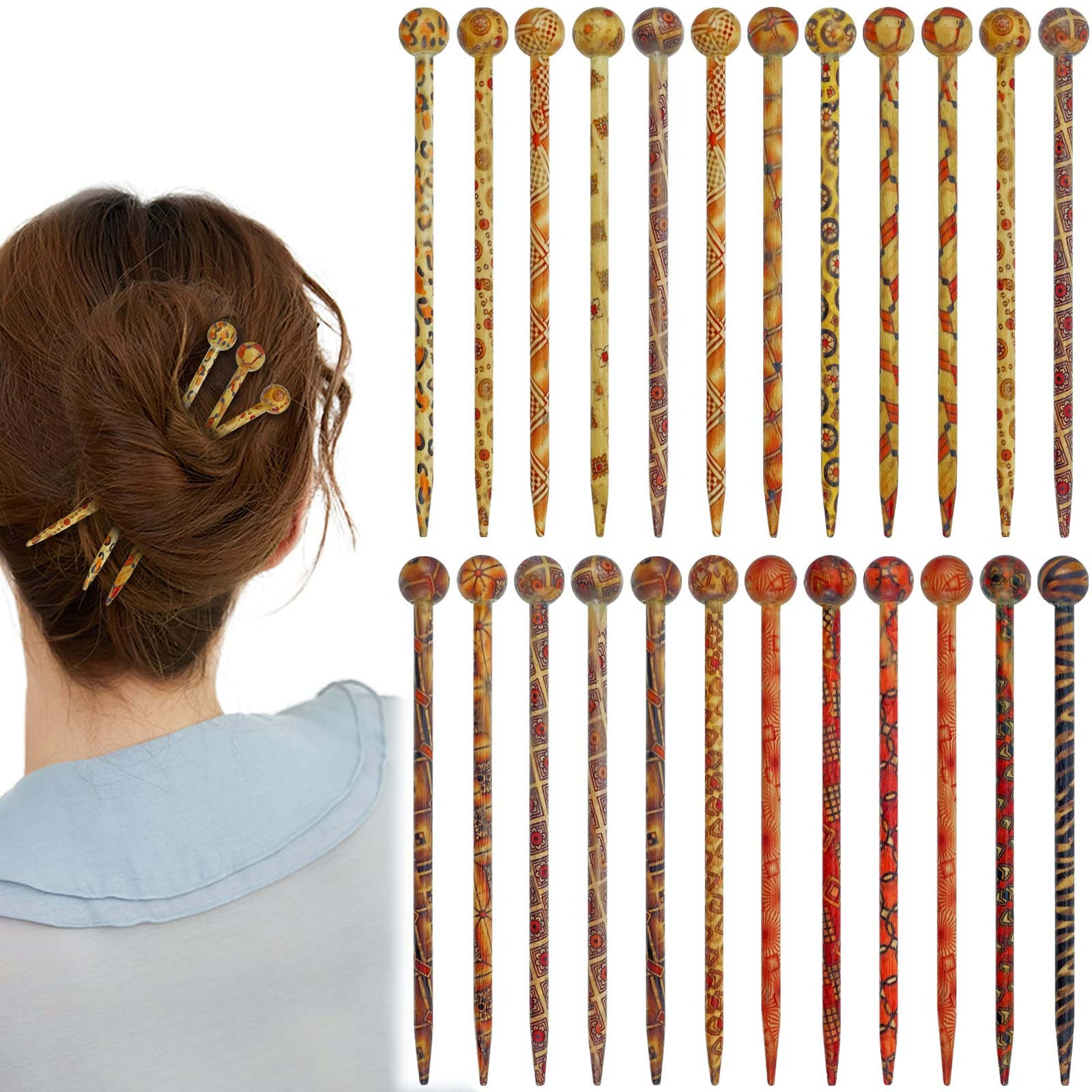 24 Pcs Boho Vintage Wood Hair Sticks 1 Count (Pack of 24), Red, Orange