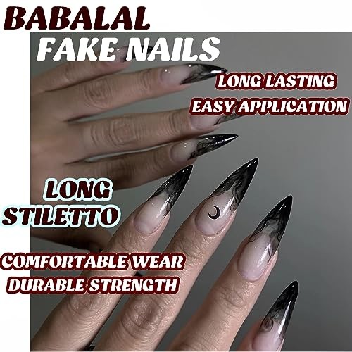 Halloween Stiletto Press on Nails Long Fake Nails Black French Glue Nq207goth