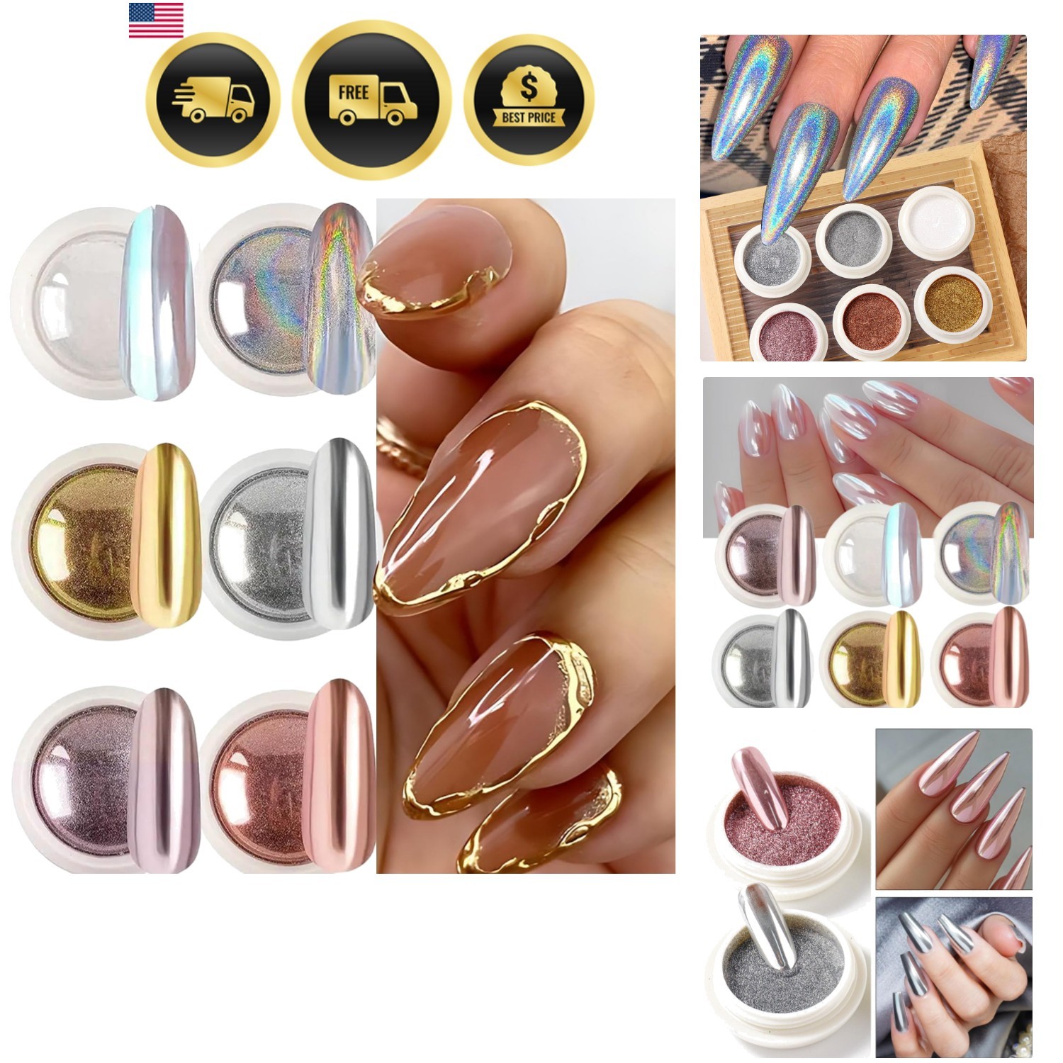 Chrome Nail Powder Set, 6 Colors Metallic Gold Silver Rose Pink White Mirror …