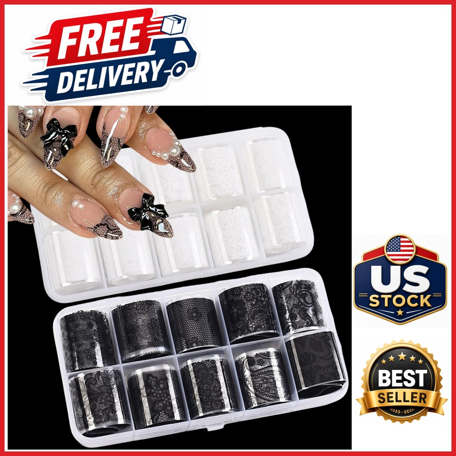 Black and White Lace Nail Foil Sheets 20 Rolls for DIY Nail Art Decoration