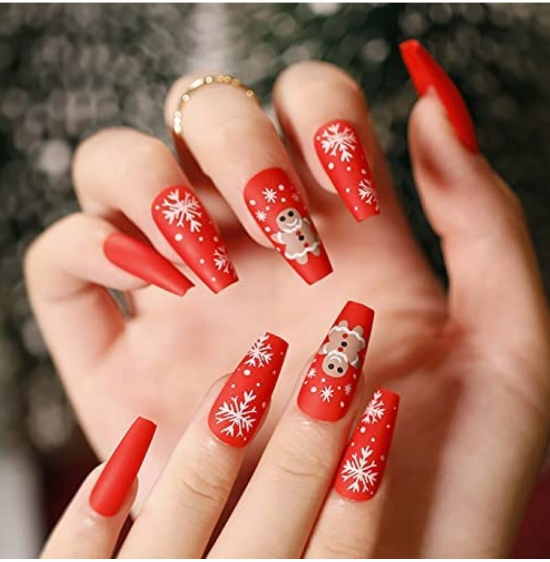 24 Matte Red Christmas Press on nails kit glue on snow flake gingerbread festive