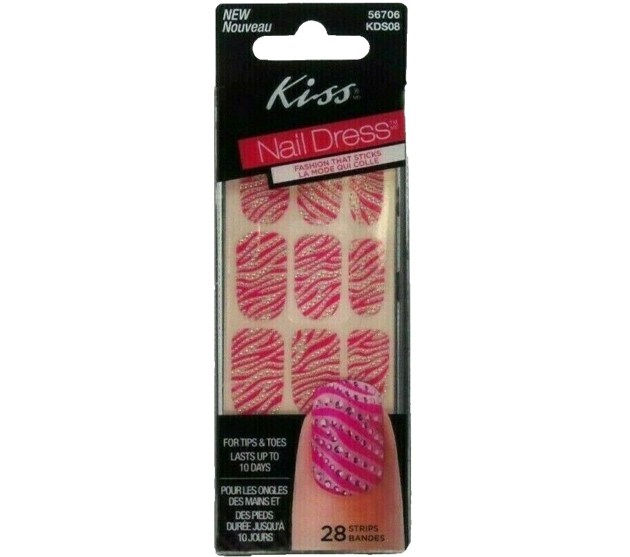 Kiss Nail Strips At Home Manicure Pedicure Kit Pink Animal Print 3D Crystals