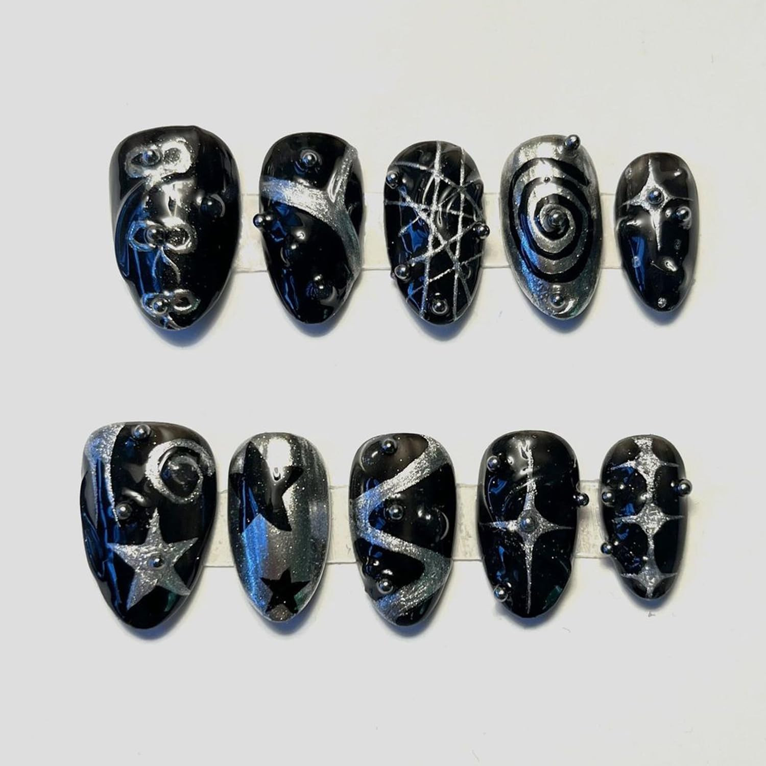30Pcs Gothic Black Silver Press on Nails Medium Almond Fake Nails Y2K Star Swirl