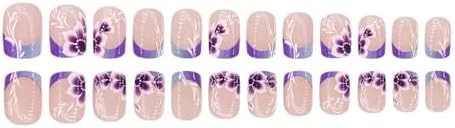 French Tips Press on Nails Purple Flower Fake Nails with Ombre Design Glossy Glu