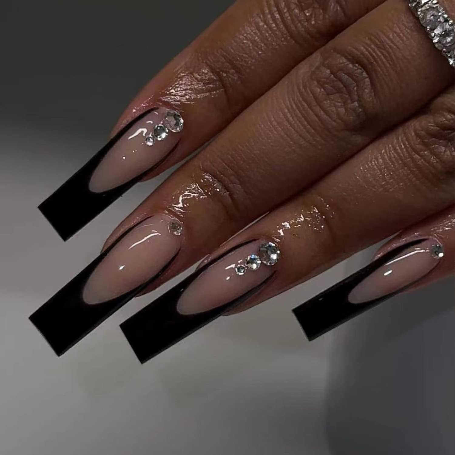 Long Press on Nails Black Square Fake Full Cover Reusable Coffin