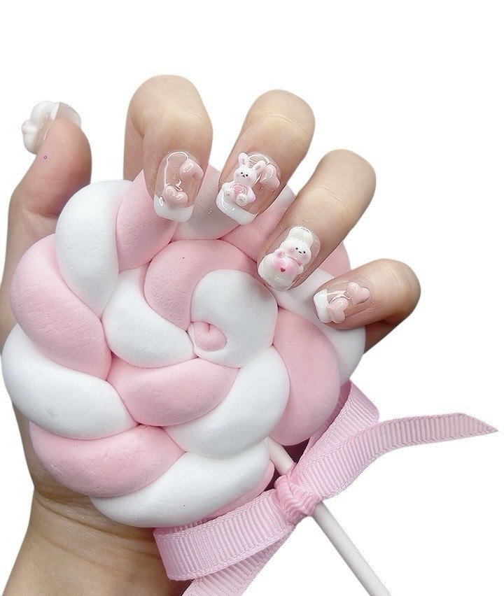 Press On Nails (#073) Pink Rabbit Short with Character Design and White Glitter