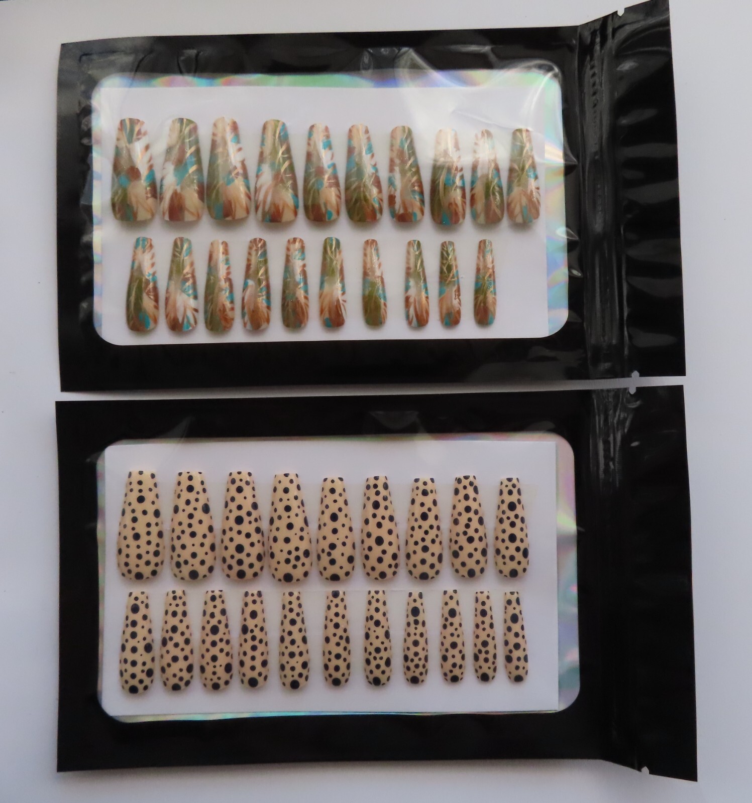 (2) Set Cream Black Polka Dot | White Green Bronze Abstract Coffin Press-On Nail
