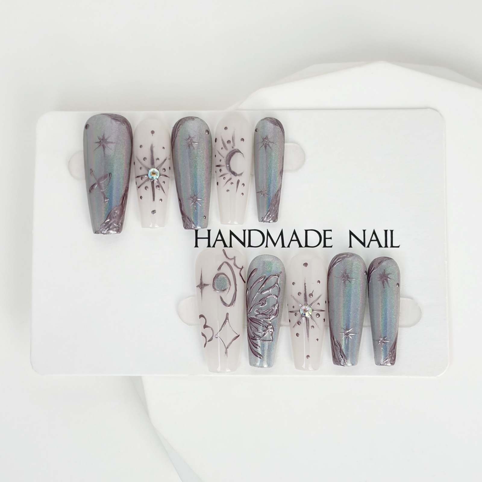 Futuristic Silver Gray Diamond Thorn Coffin Press-On Nails with Metal Details