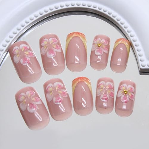 Spring Press on Nails Square Medium Fake Nails with Flower Flower Designs-1