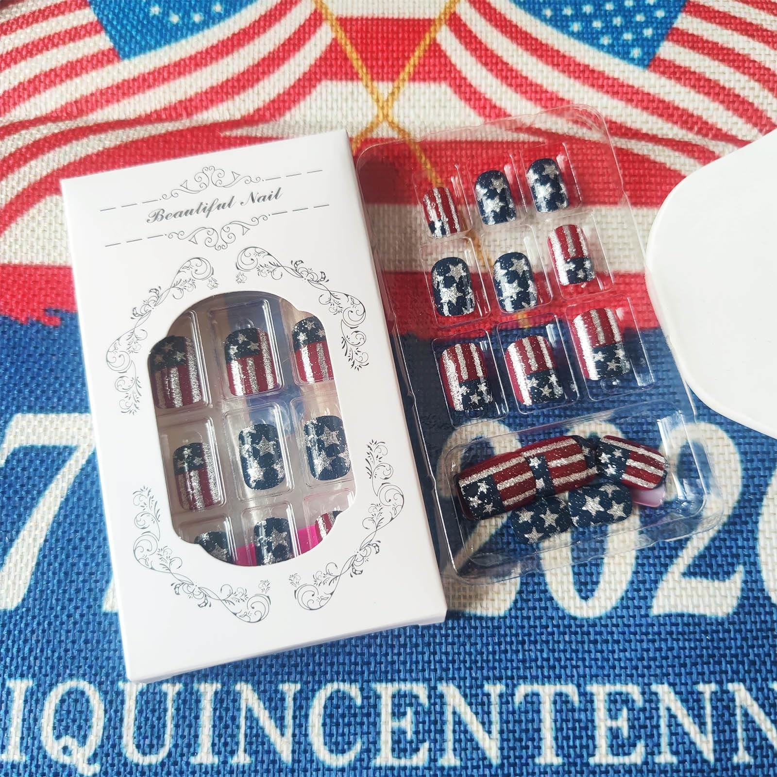 American Flag Fake Nails HZJXRT Short Square Stick on Nail 24 Pcs Independenc…