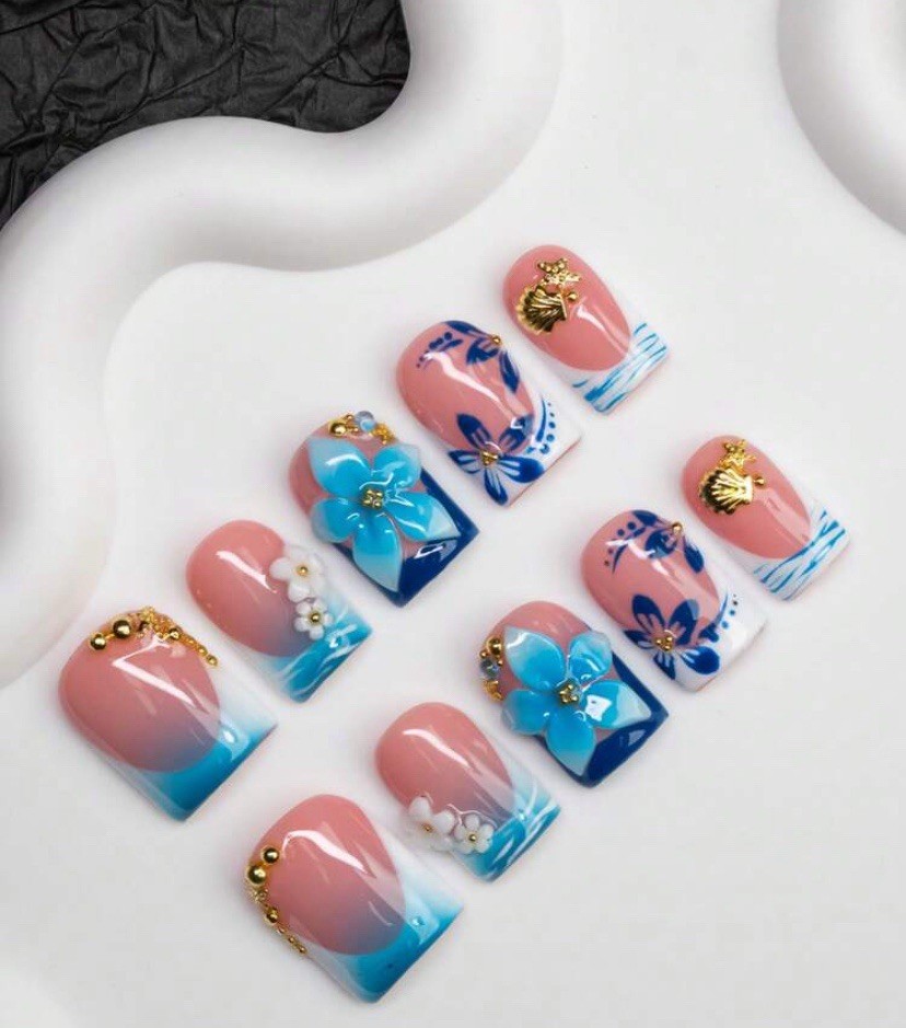 3D Flower Press-On Nails Short Square Full Cover Pink Gold Blue White Set