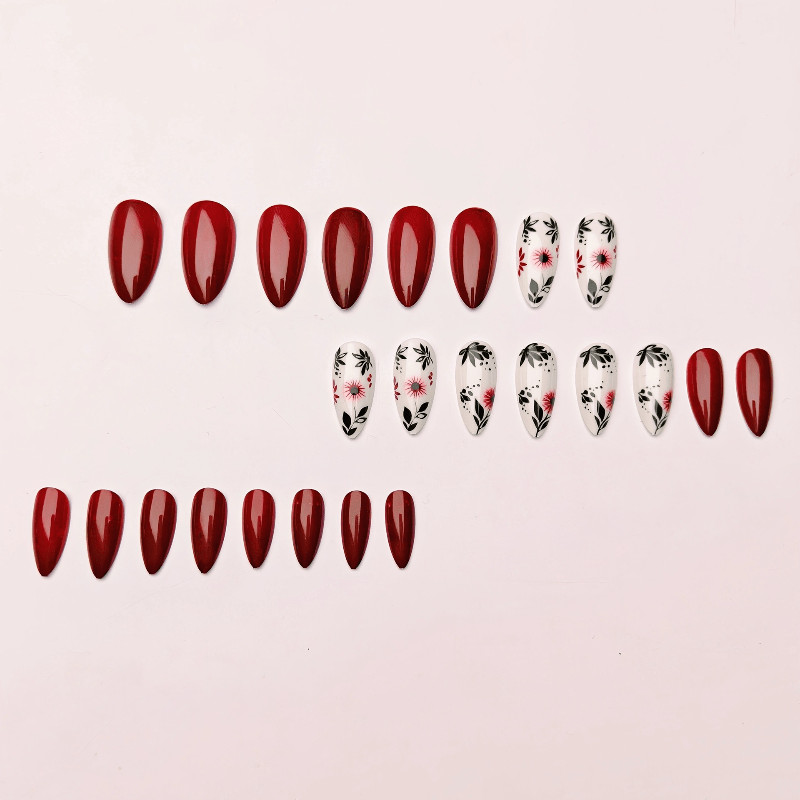 48Pcs Almond Burgundy Floral Hand Painted Press on Nails Vintage Party Wear