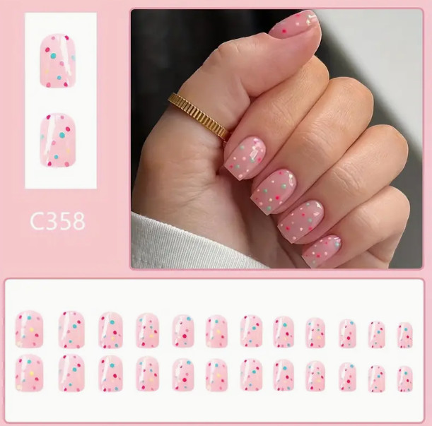 24 Pieces Press-on Nails -Short Square Pink with Multicolored Dots