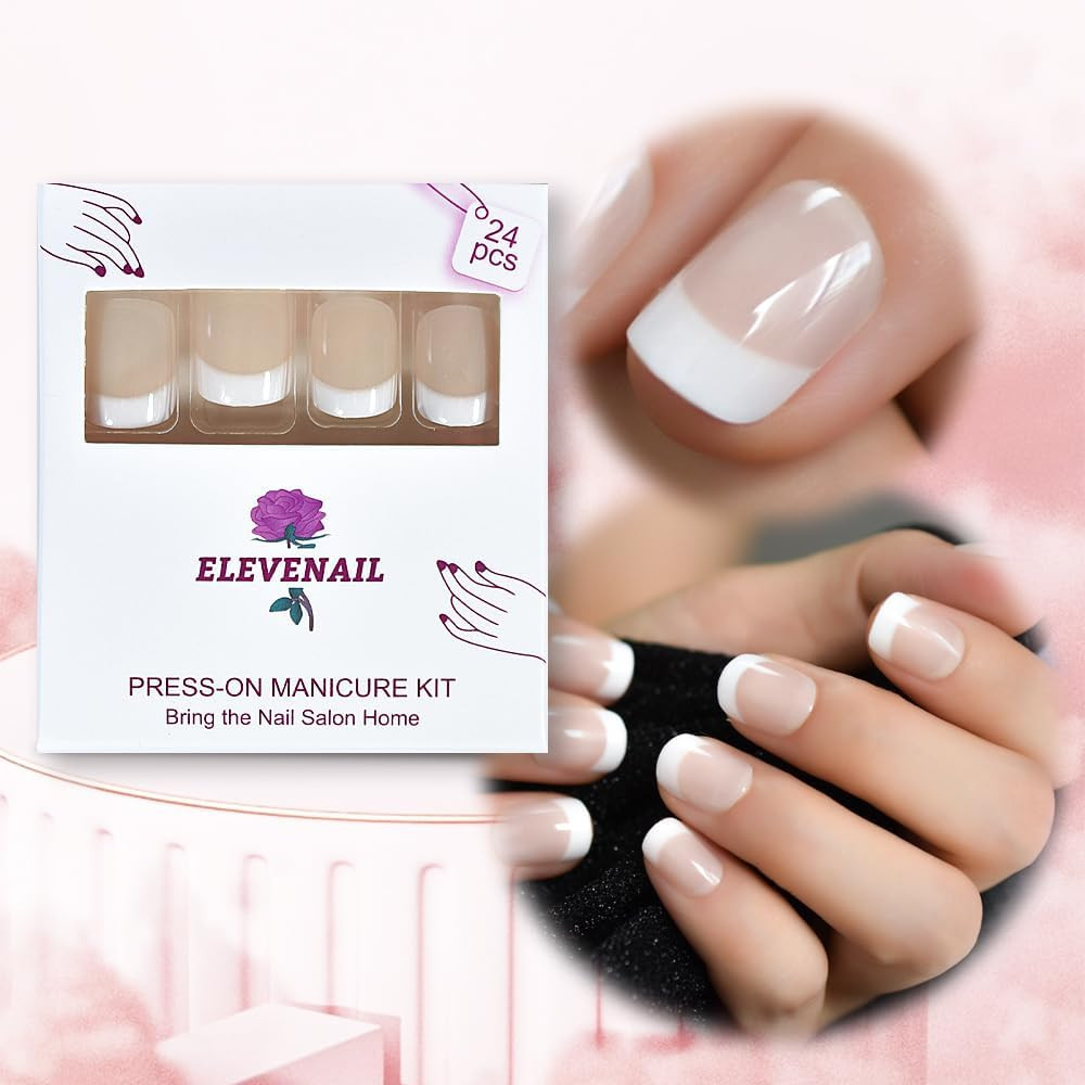 Natural Beige Nude White Press on Nails Short Squoval French Nail Tips False Nai