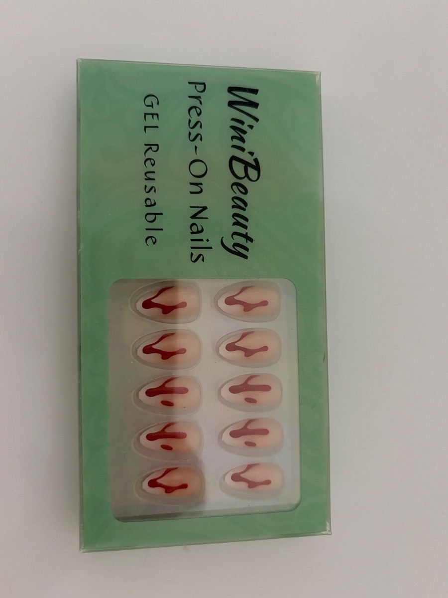 WiniBeauty Press-On Nails GEL Reusable French Drip Red Almond Medium