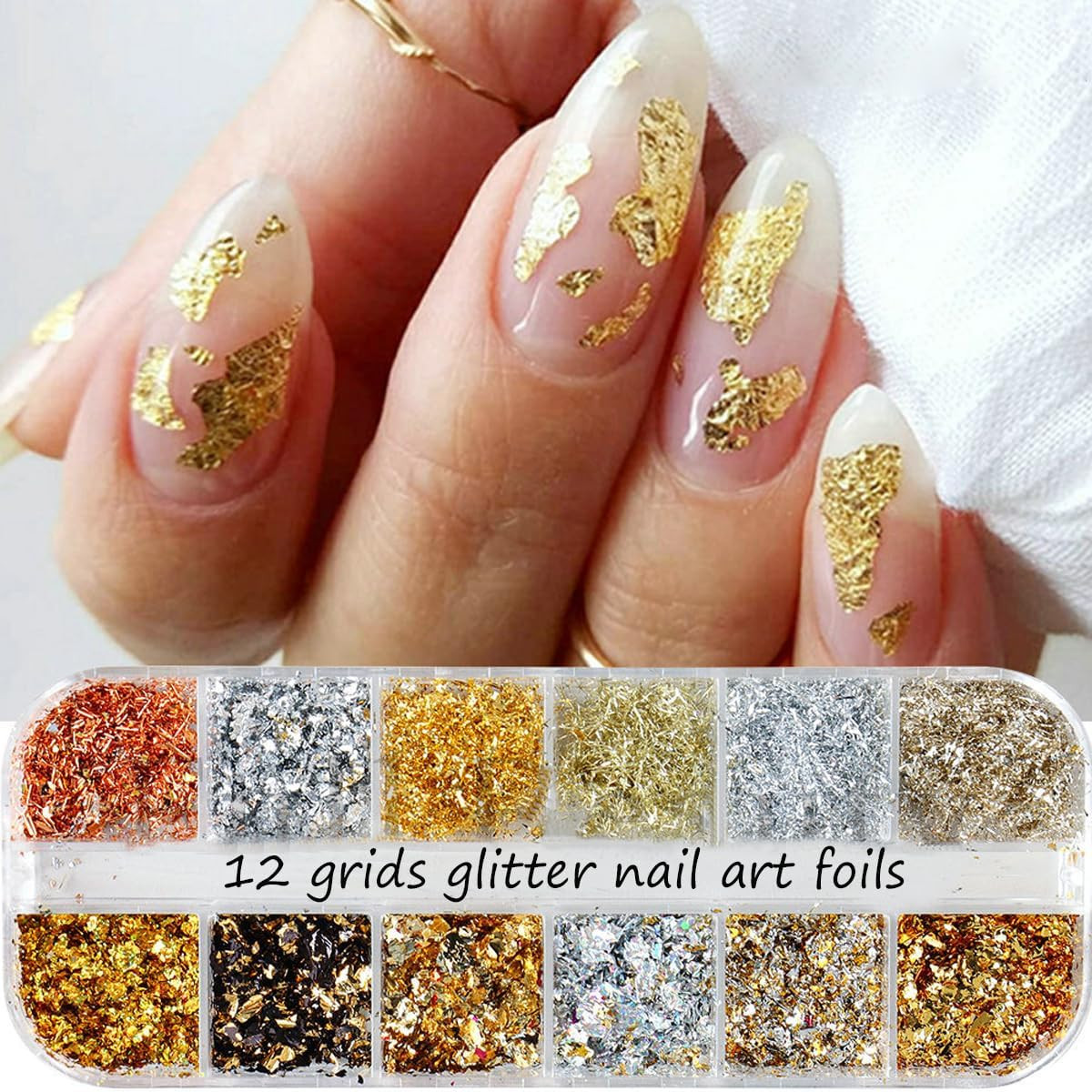 Holographic Nail Glitter Gold Foils for Kit, 12 Grids Sparkly Ultra-Thin Aluminu