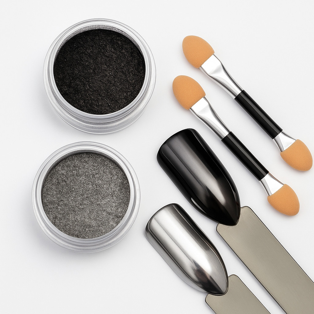 Black Silver Chrome Mirror Nail Powder Set 2pcs Shiny Metallic Effect Manicure