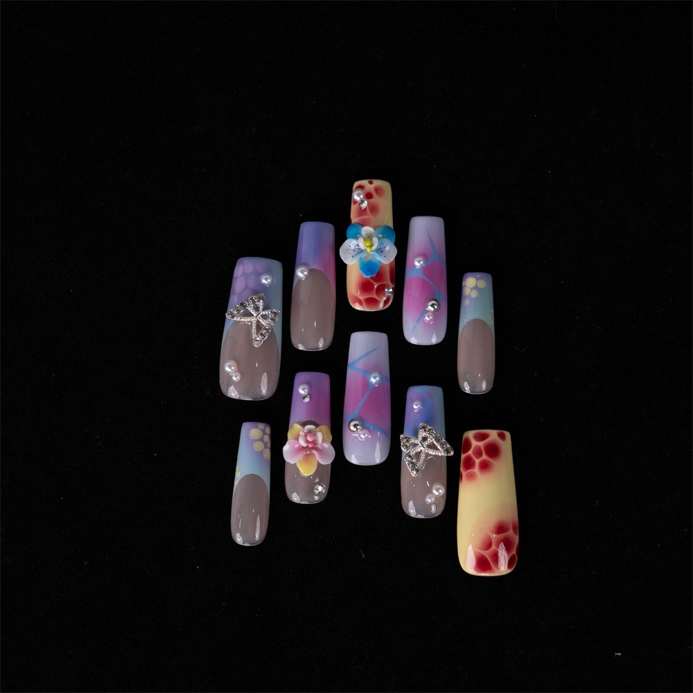 Handmade Press On Nails High Quality Rainbow Gradient Floral Long Coffin Nails