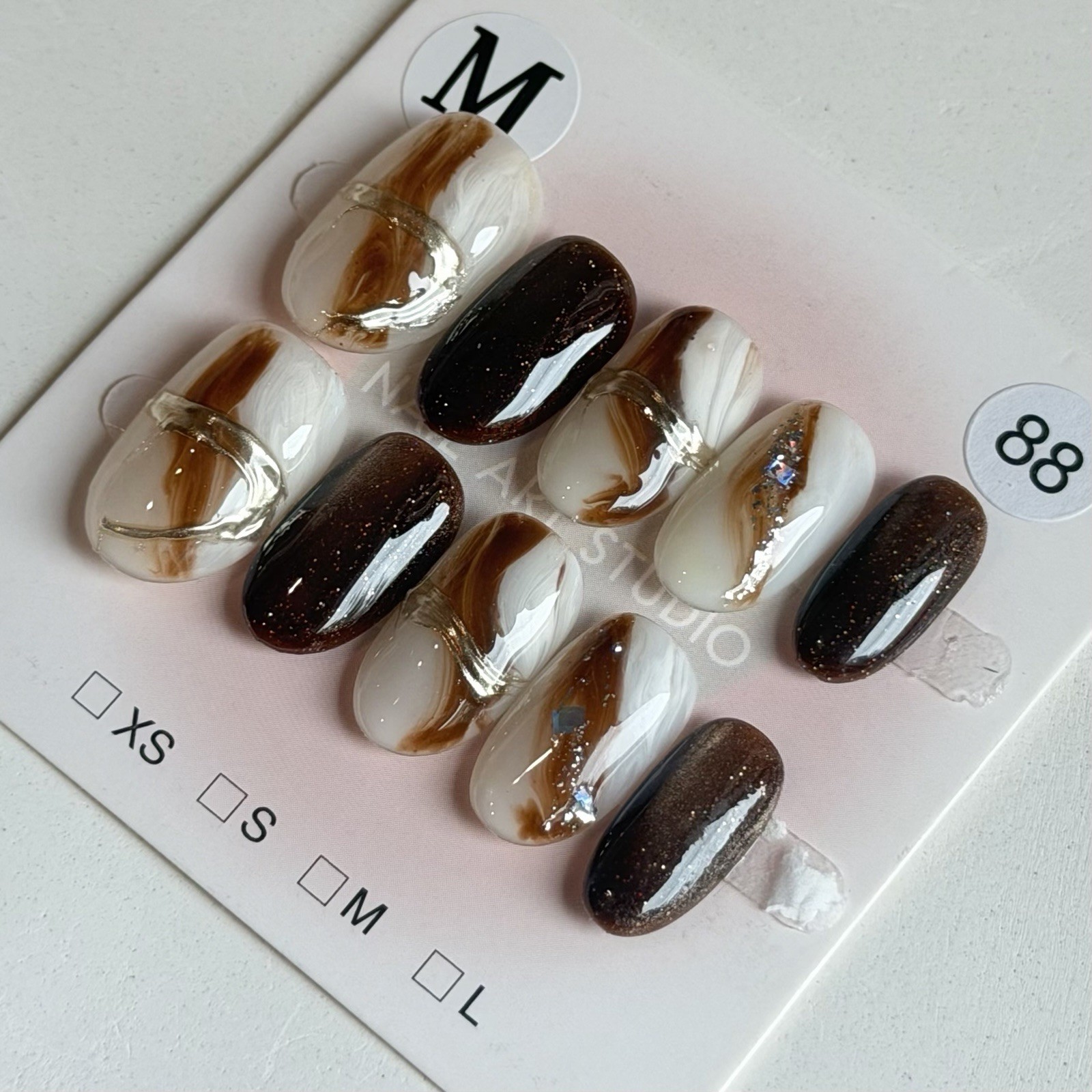 Handmade White Brown Ombre Press-On Nails Short Oval Reusable Fake Nail Size M