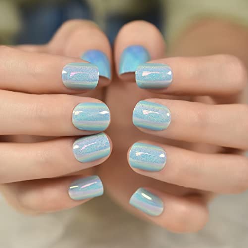 Light Blue Laser Press On Nails – Mirror Like Fake Nails – Round Blue Metal