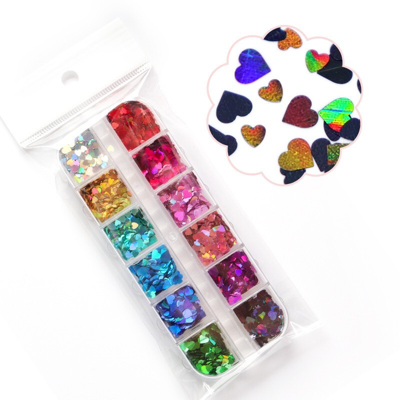 12 Grids Sparkly Love Nail Art Glitter Sequins Flakes Nails Stickers Decortion