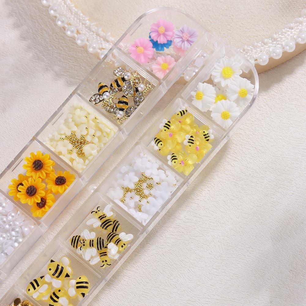 12 Grids Tiny Bee Nail Art Charms Cute Cartoon Bee Acrylic Sunflower Daisy Fl…