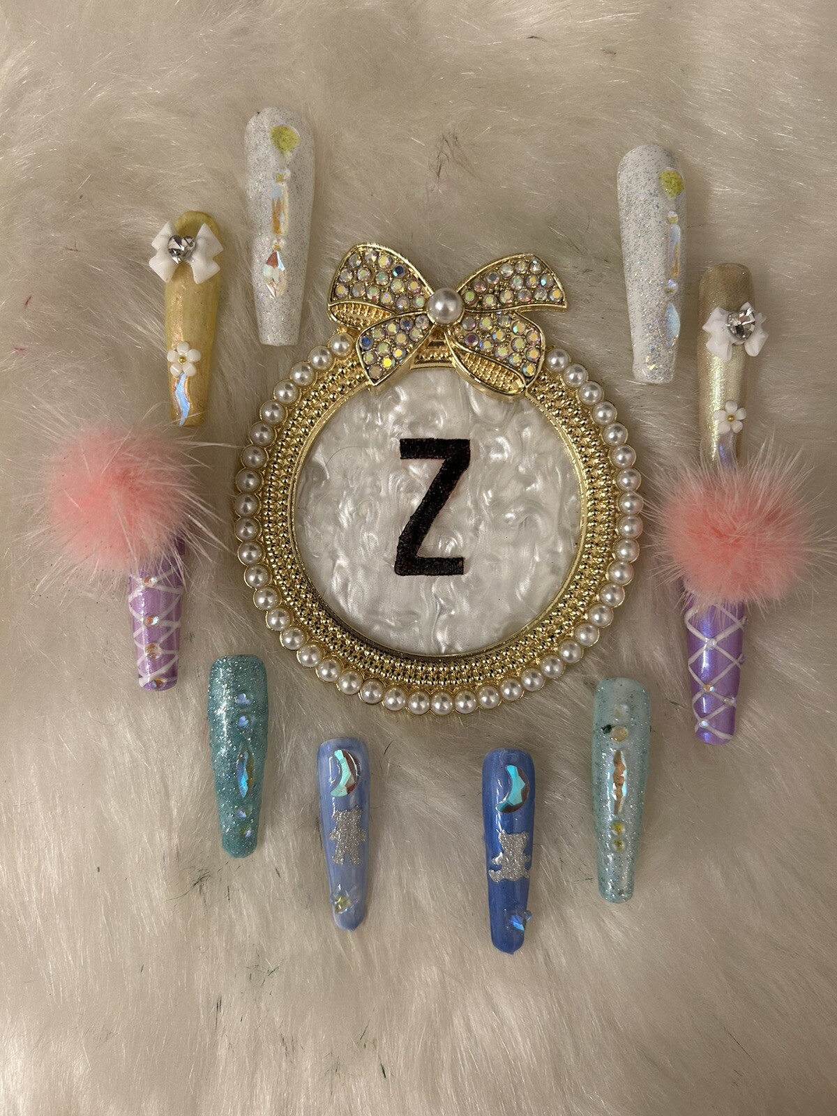 Z NAILZ! Fun Set Of 10 2XL Ballerina Multicolored Pastel W/Bling Press On Nails