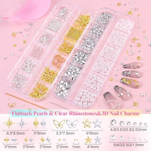 8 Boxes Nail Charms and Gems for Manicure, Flat Pearls Nail Flowers Nail