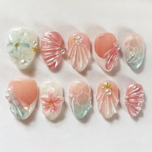 24Pcs Beach Press on Nails – Extra Short Almond Fake Nails – 3D Flowers Starfish