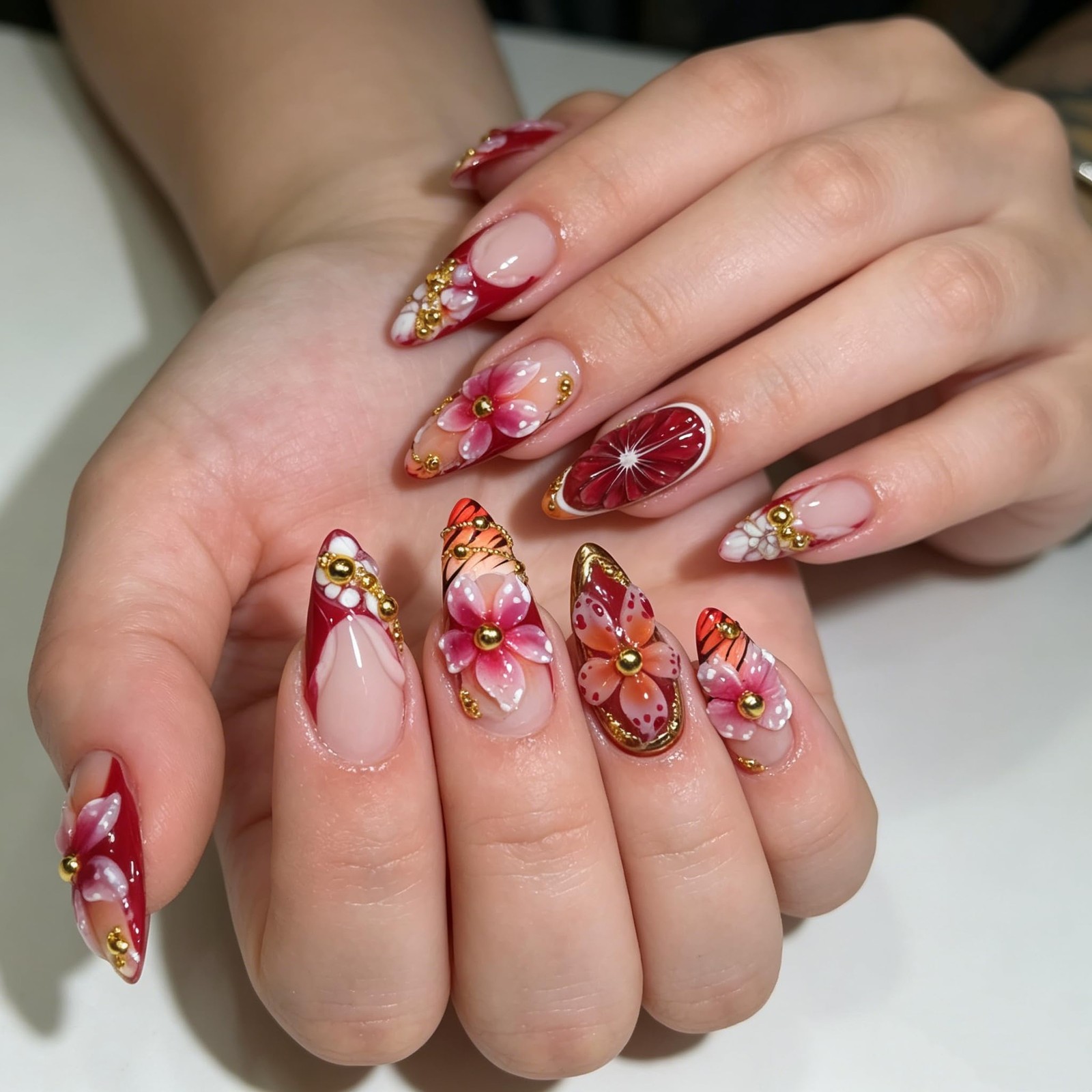 Tephrent Hawaiian Flower Almond Press On Nails