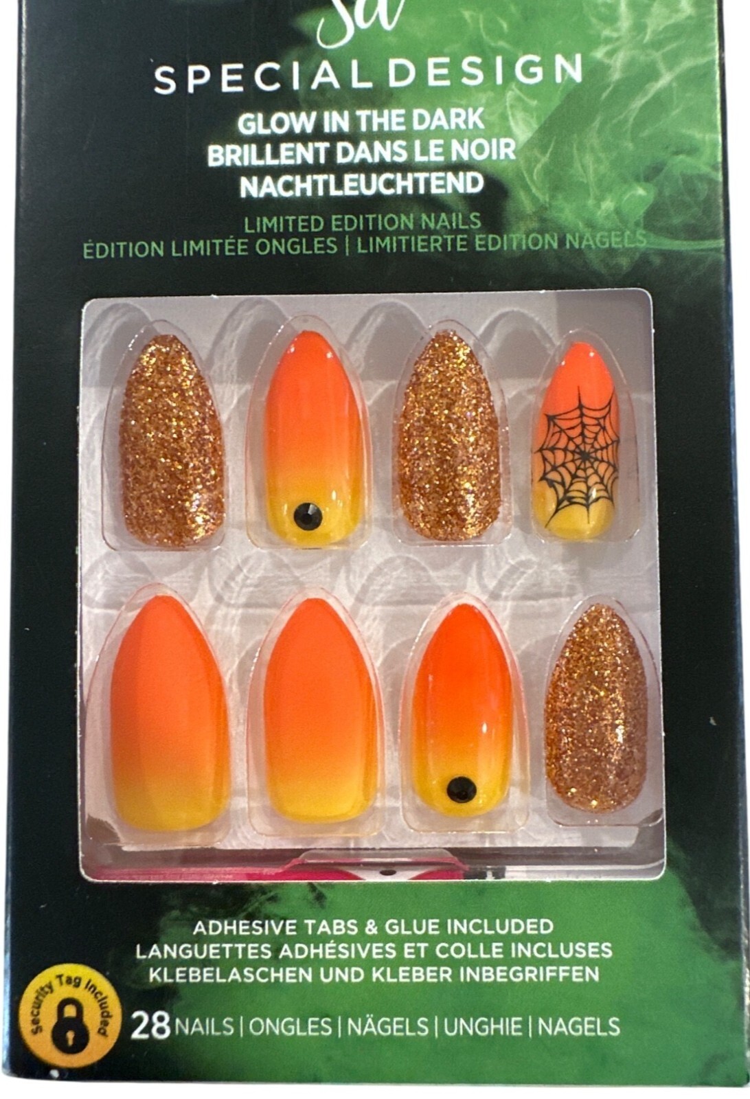 Kiss HALLOWEEN GLOW IN DARK 28 Nails Long Almond Matte+Glossy+Glitter Spider Web