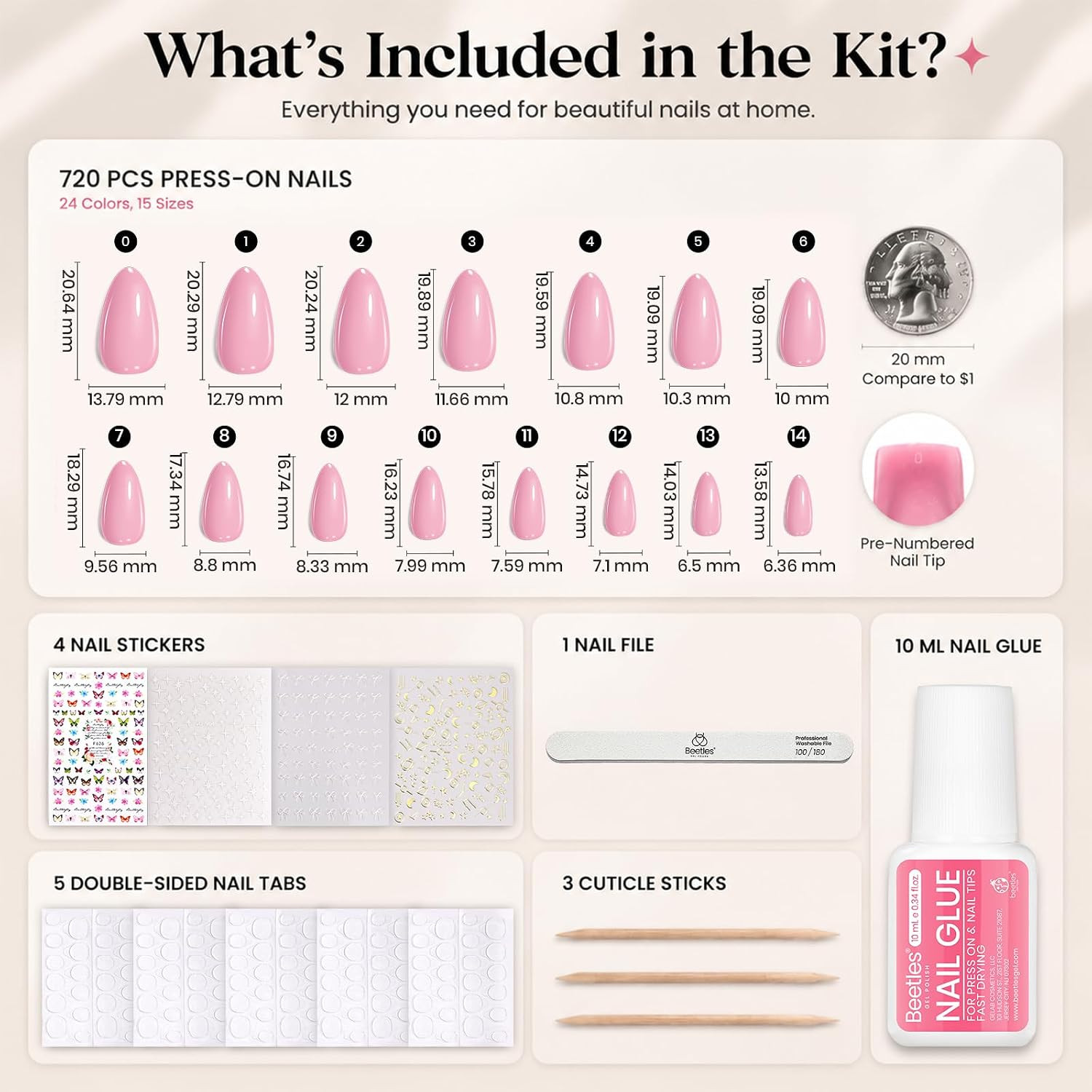 Press on Nails Kit- 720 Pcs Short Almond 24 Colors | 15 Sizes Glossy Matte Glitt