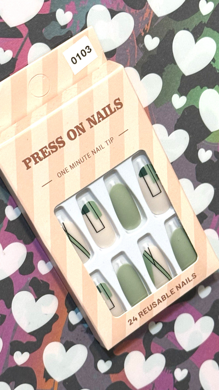 Press On Nails One Minute Nail Tip NUDE & SAGE GREEN with ABSTRACT 24 Long Oval