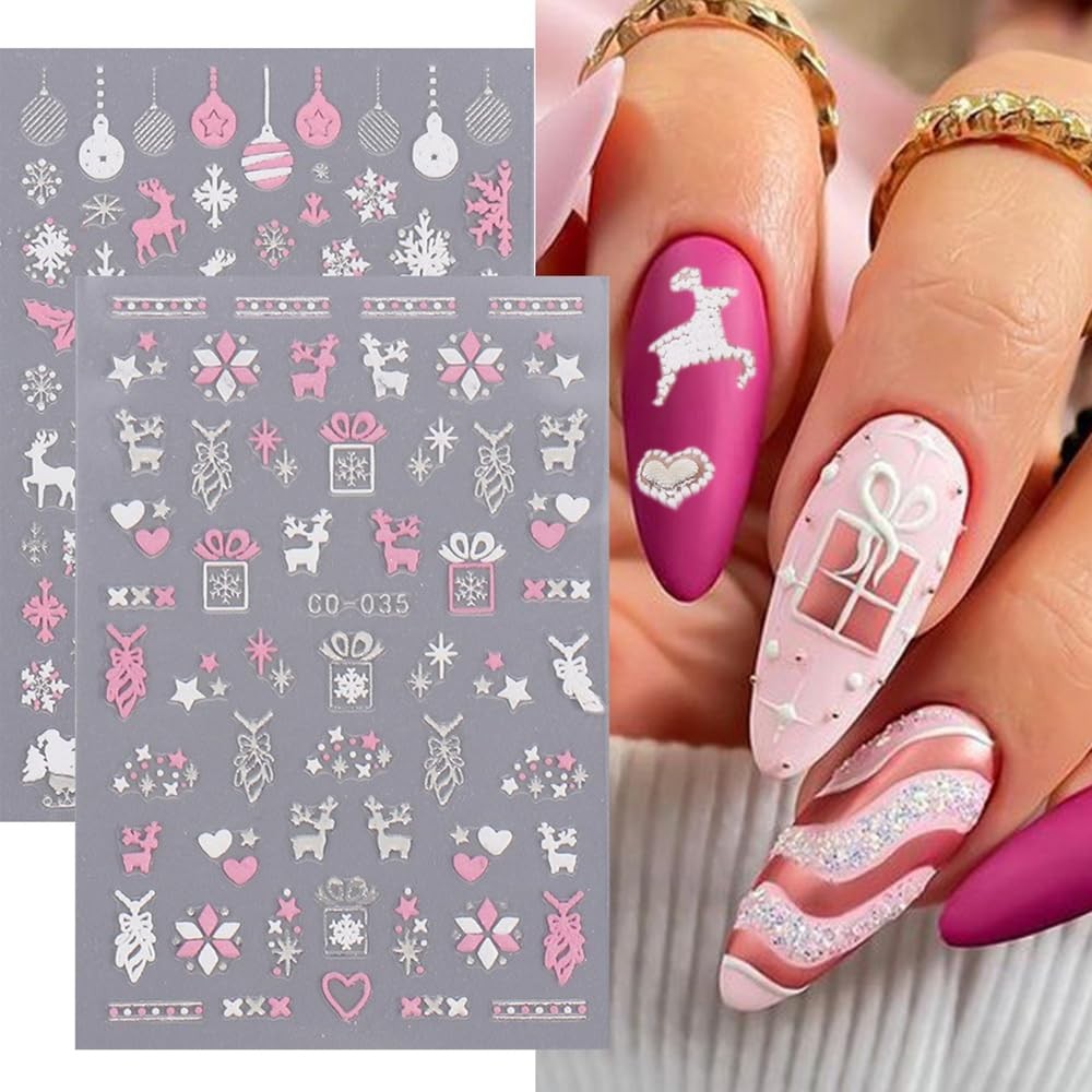 Christmas Nail Art Stickers, 8Sheets 5D Embossed Snowflake Nail Decals Pink Whit
