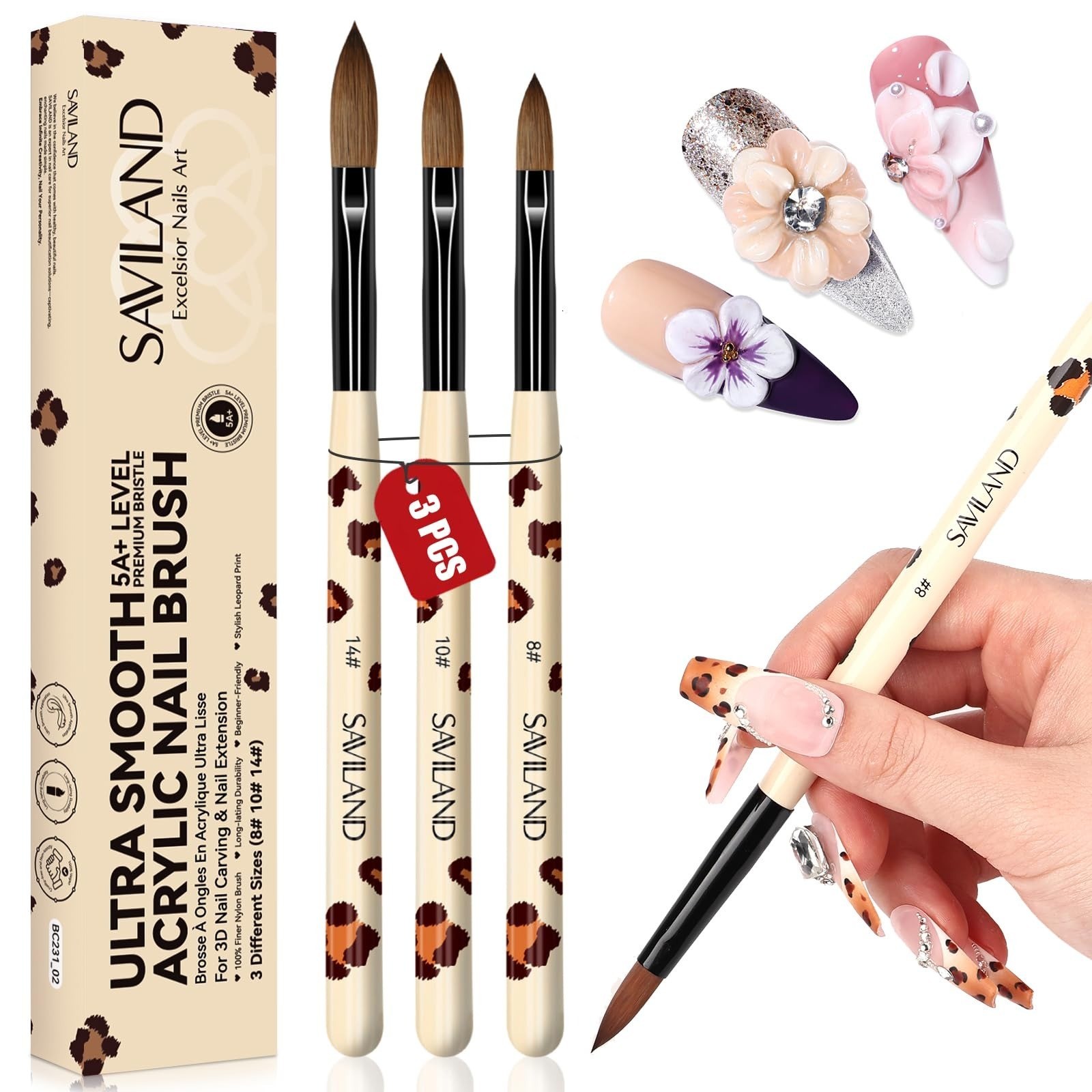 SAVILAND Acrylic Nail Brush Set – 3PCS Kolinsky Brushes for Nail Art