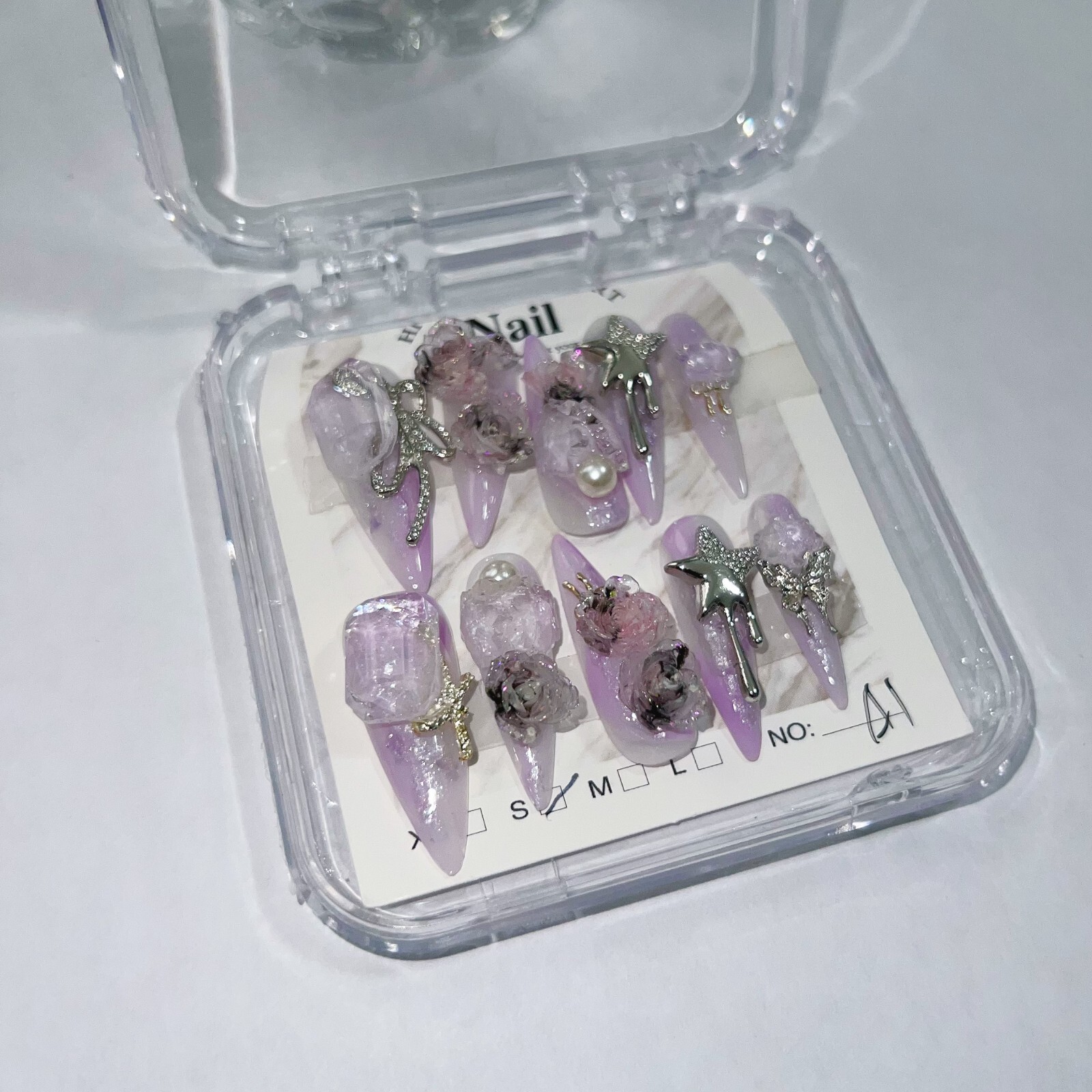 Handmade Flowers And Rhinestones False Nail Long Stiletto Press on Nail
