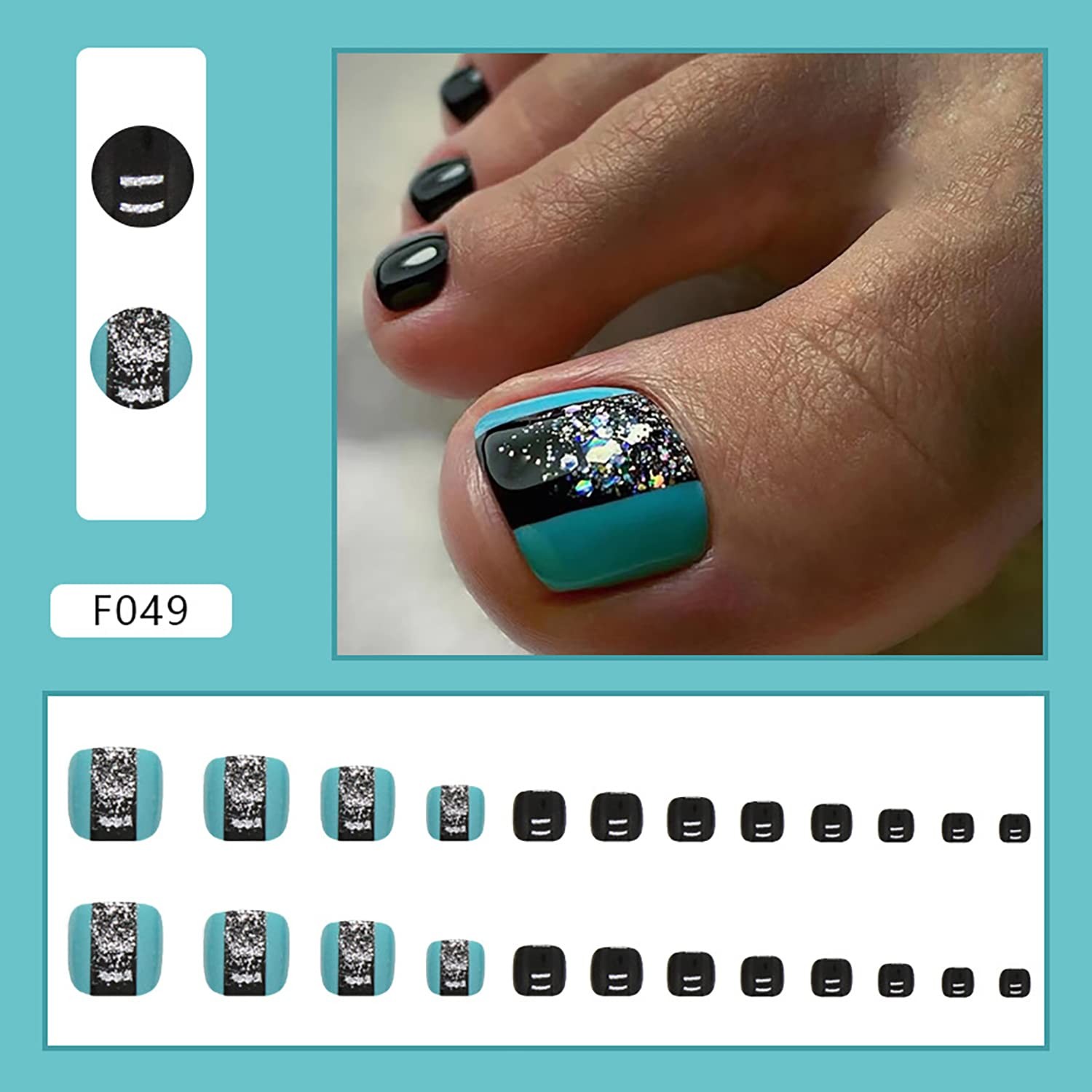 Short Press on Toenails Glossy Acrylic Square Shape Fake Toenails with Silver…