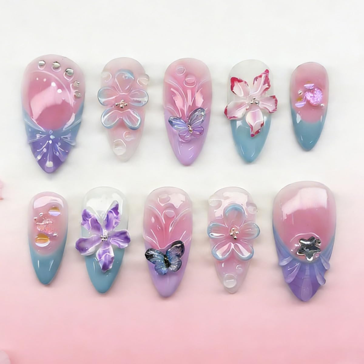 30Pcs Spring Summer Press on Nails Medium Almond Fake Nails with 3D Flower Leaf