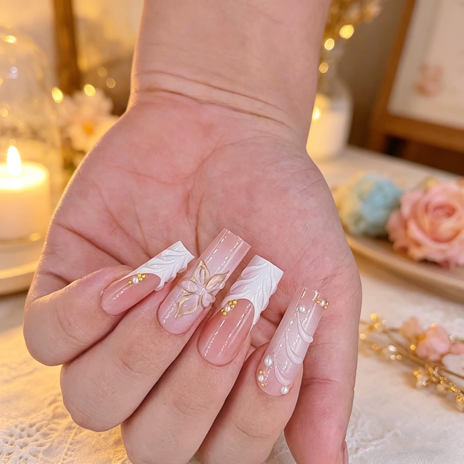 Press on Nails Square Long plalely Acrylic for Women 24pcs Square, White