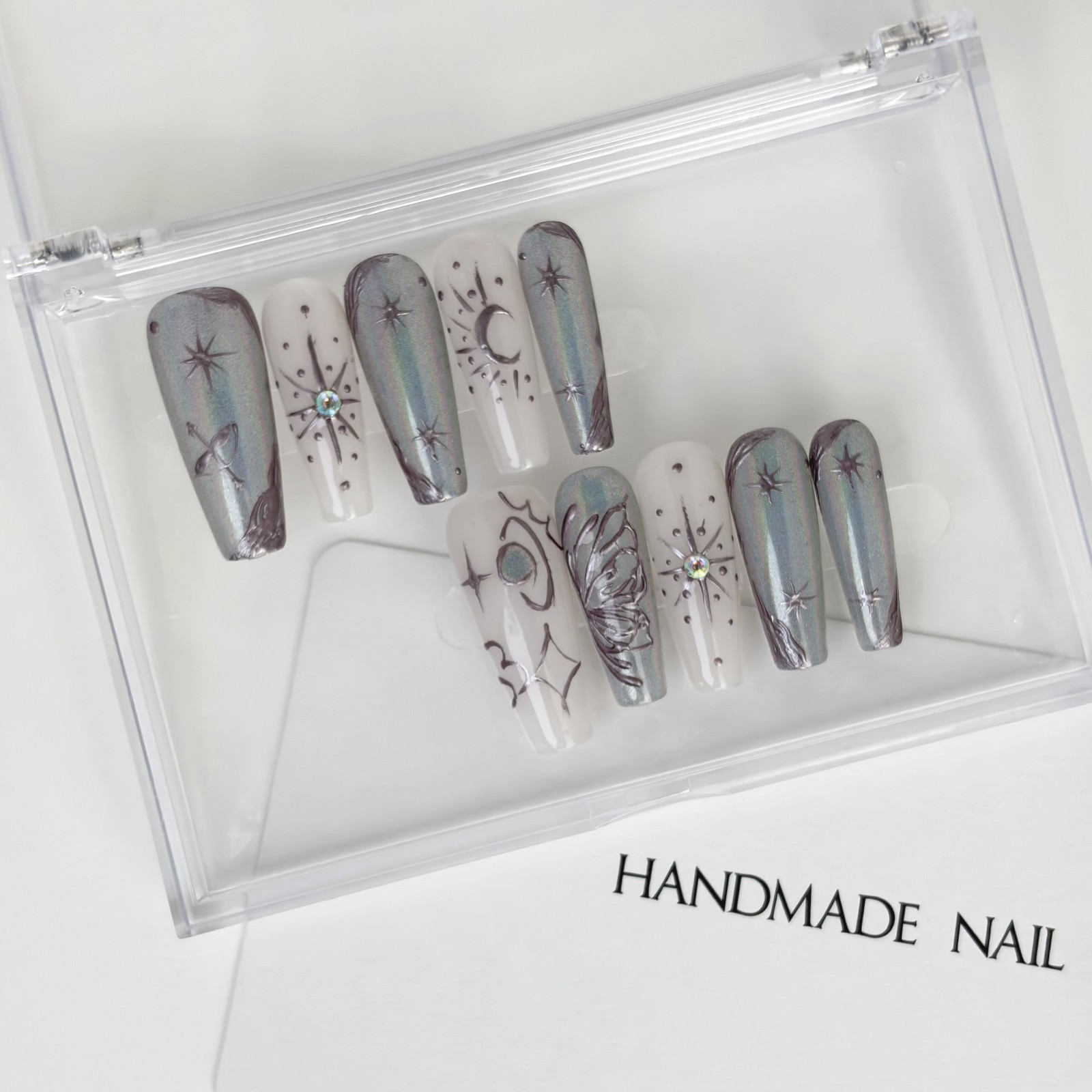 Futuristic Silver Gray Diamond Thorn Coffin Press-On Nails with Metal Details